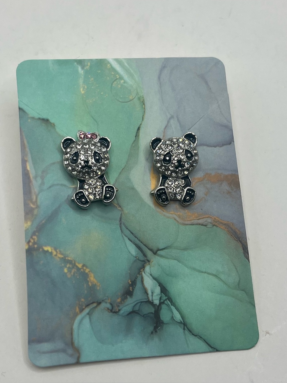 Crystal Panda Stud Earrings - Silver with Black Accents